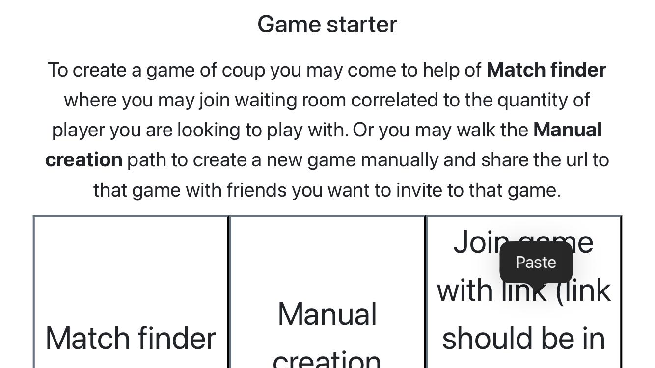 Screenshot of game starter page after player taps on
        'Join game with link (link should be in your clipboard) button.